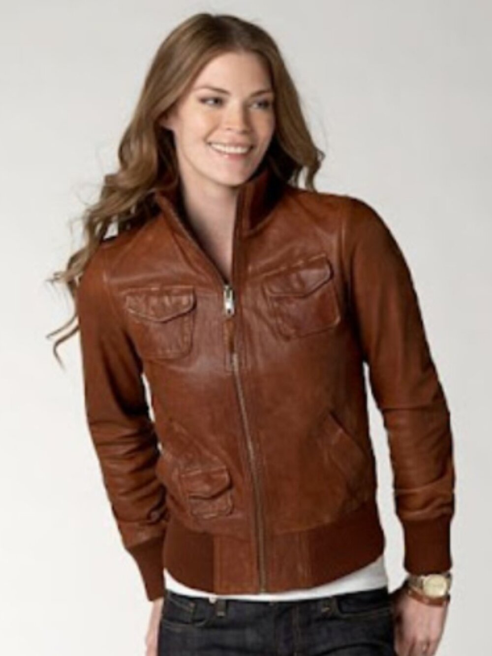 Fossil Maribelle Bomber Jacket vintage-style brown genuine leather- size small